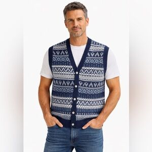 Vintage Navy Blue Patterned Knit Button Up Vest